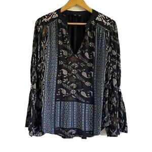 LUCKY BRAND Sz S Black V-Neck Bell Sleeves Peasant Printed Tunic Top